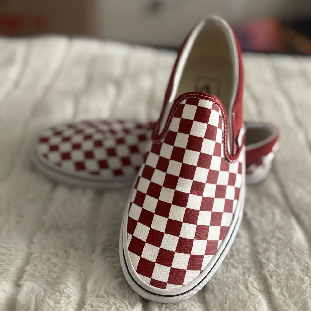 Vans Dark Red and White Checkered Slip-Ons